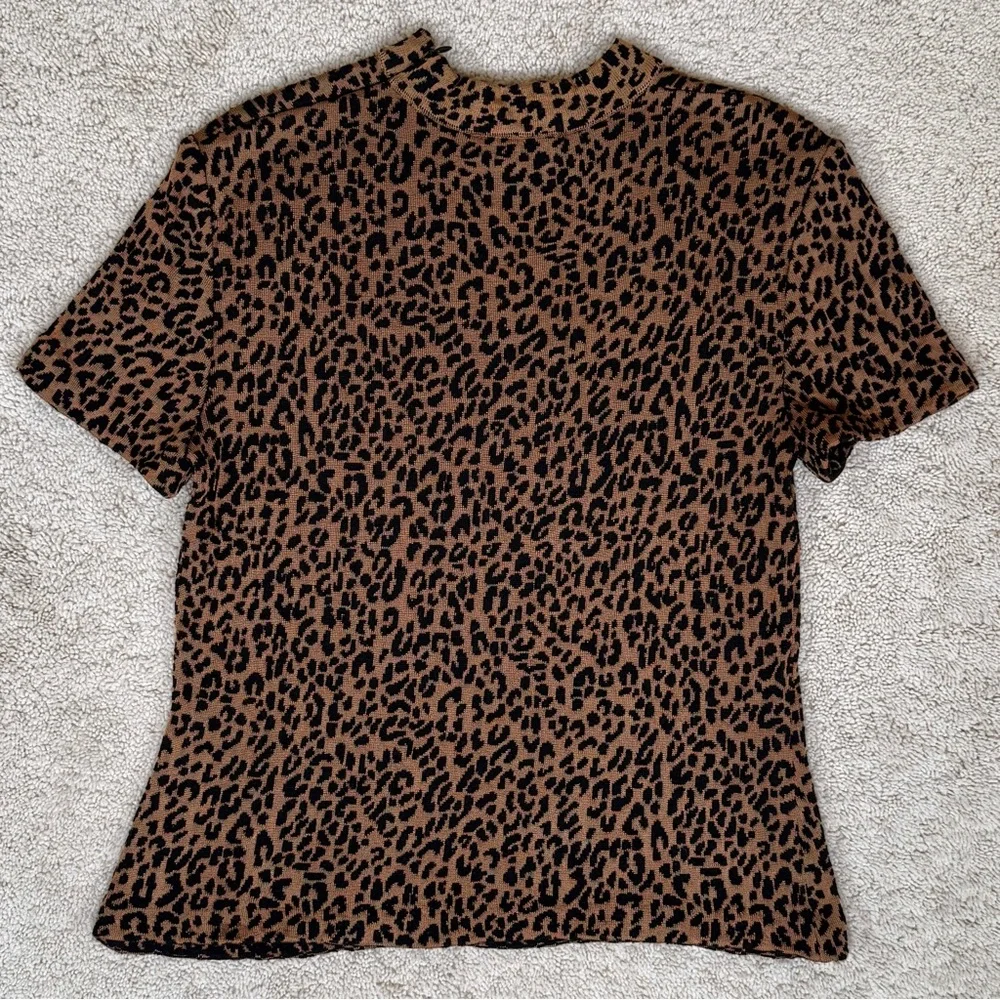 St. John Knit Leopard Animal Print Mock Neck Short Sleeve Top - Picture 7 of 17